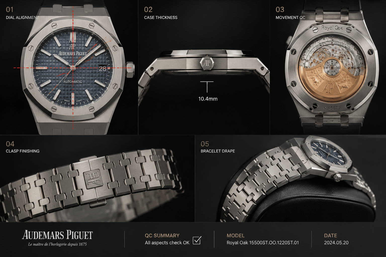 AP replica QC photo layout showing front dial alignment, side profile thickness, caseback movement view, clasp finishing, and bracelet drape