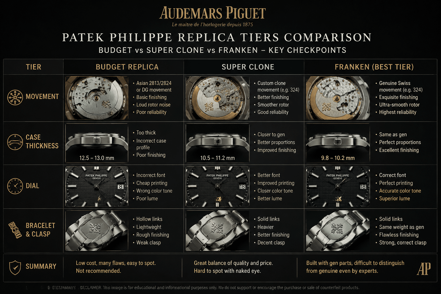comparison layout showing budget, super clone, and Franken Patek Philippe replica tiers with movement, case thickness, dial, and bracelet checkpoints
