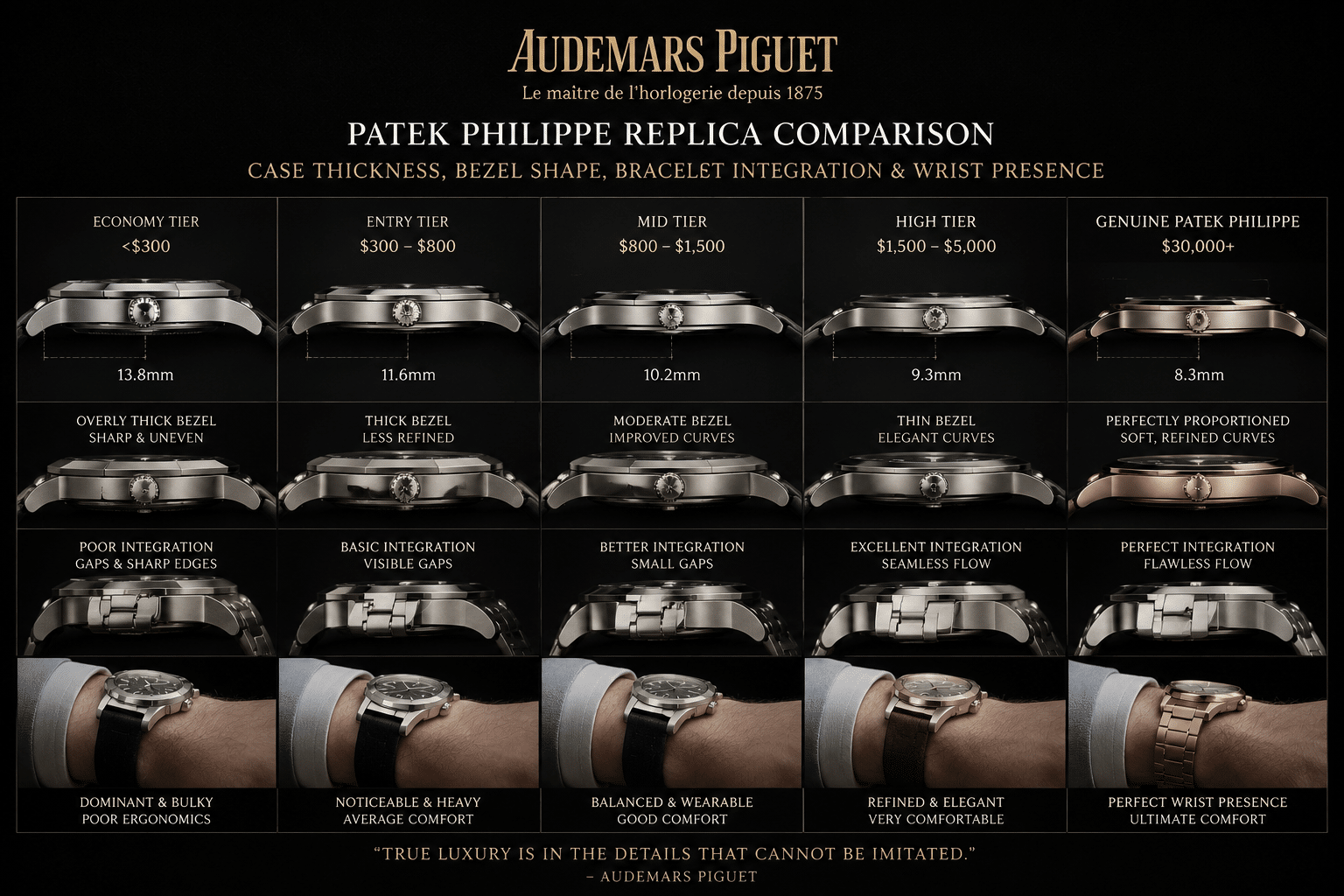 side profile comparison showing Patek Philippe replica case thickness, bezel shape, bracelet integration, and wrist presence across different price tiers