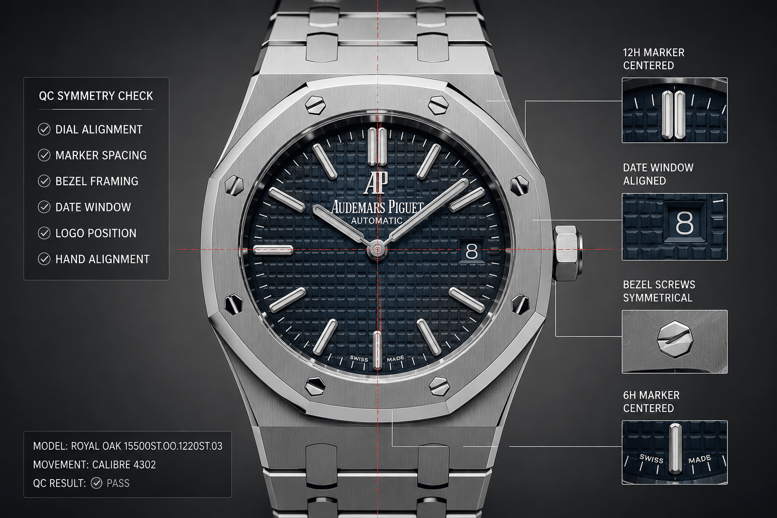 straight-on Patek Philippe super clone QC front view showing dial alignment, marker spacing, bezel framing, and visible symmetry checks