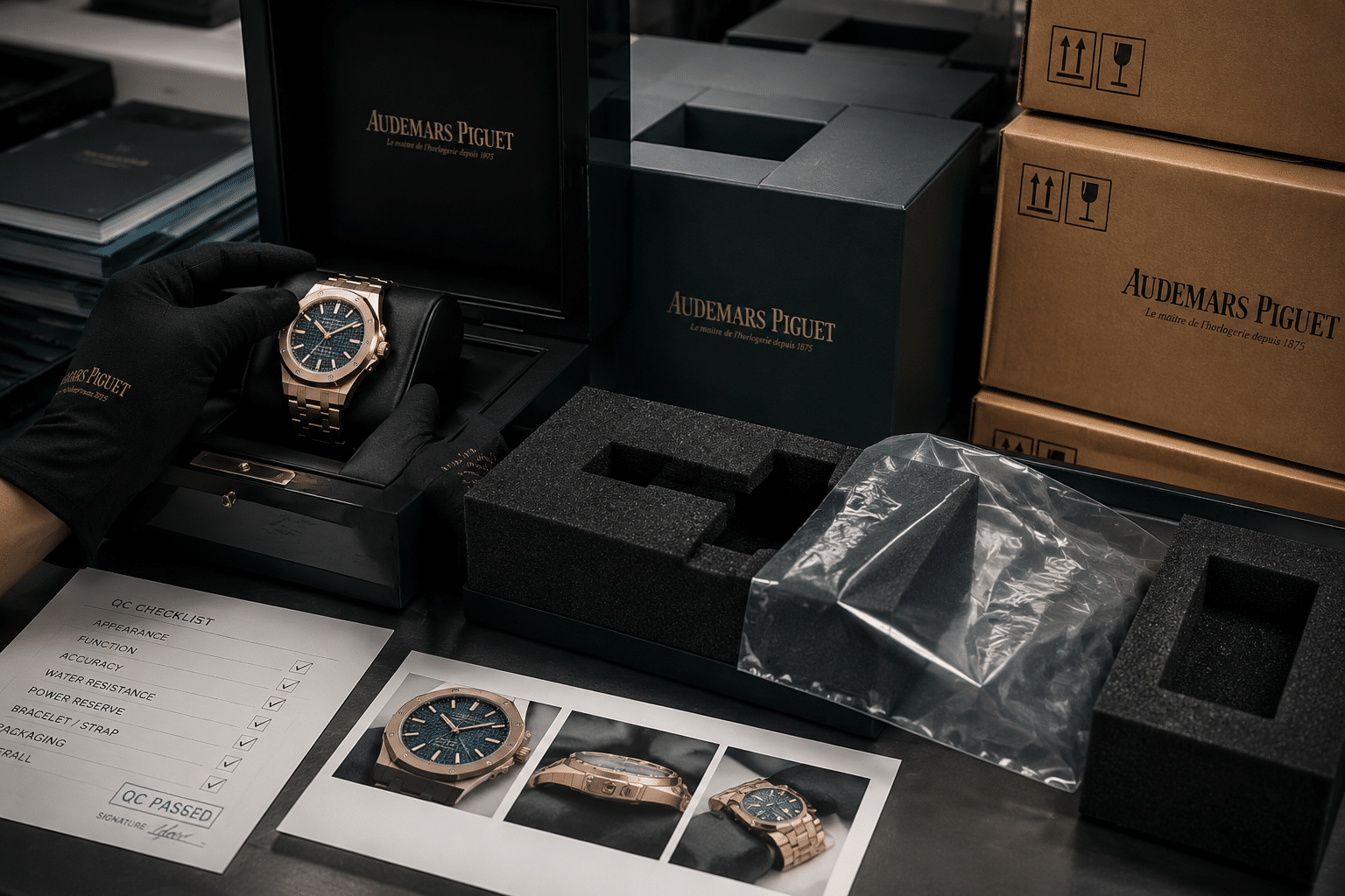protective watch packaging workstation with close-up QC photos, foam inserts, plastic film, and corrugated shipping boxes