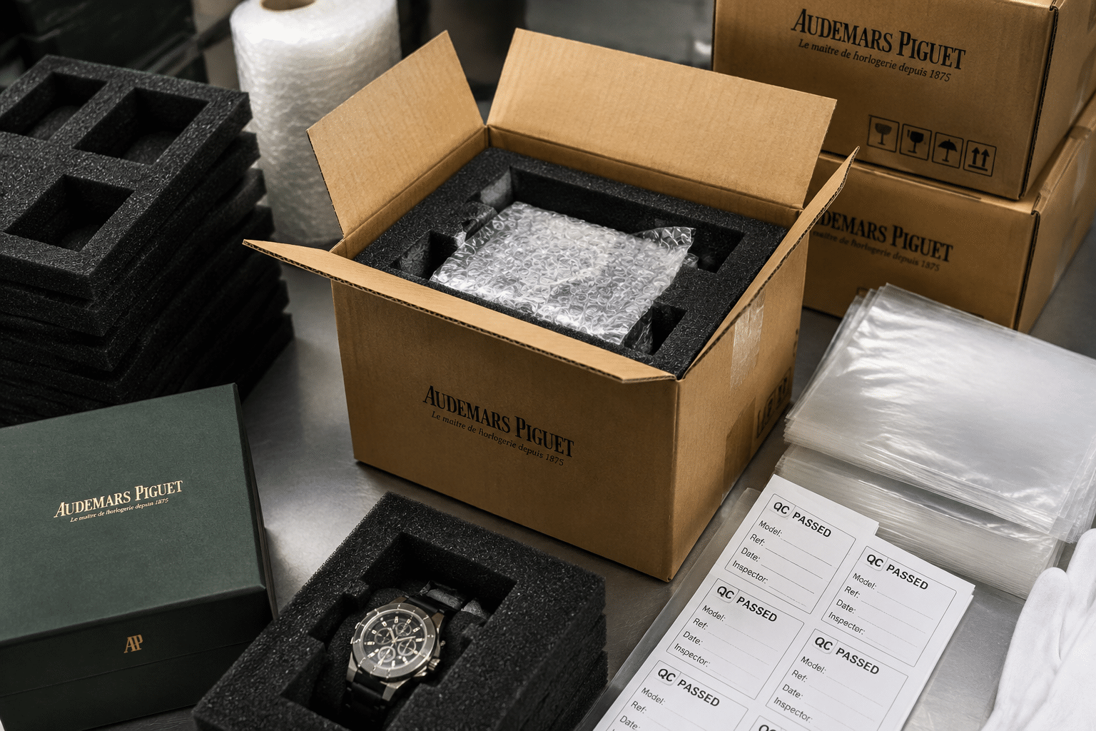 realistic B2B packaging scene showing protective foam inserts, bubble wrap, plastic film, and corrugated boxes prepared for safely packing replica watch QC shipments