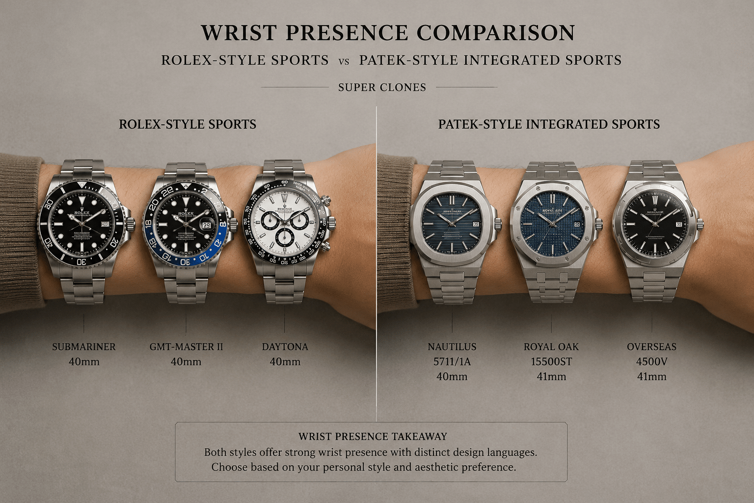 side-by-side wrist presence comparison of Rolex-style sports super clones and Patek-style integrated sports super clones under neutral lighting