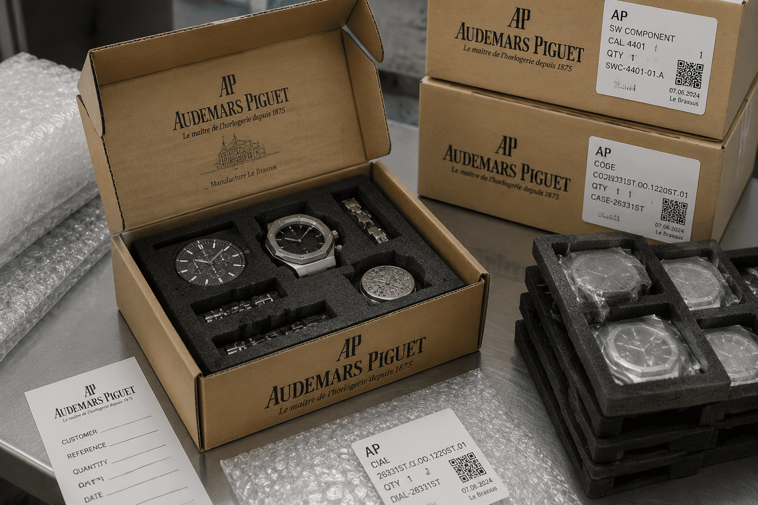 realistic B2B packaging scene showing replica watch parts protected in foam inserts, bubble wrap, and labeled corrugated boxes during factory packing