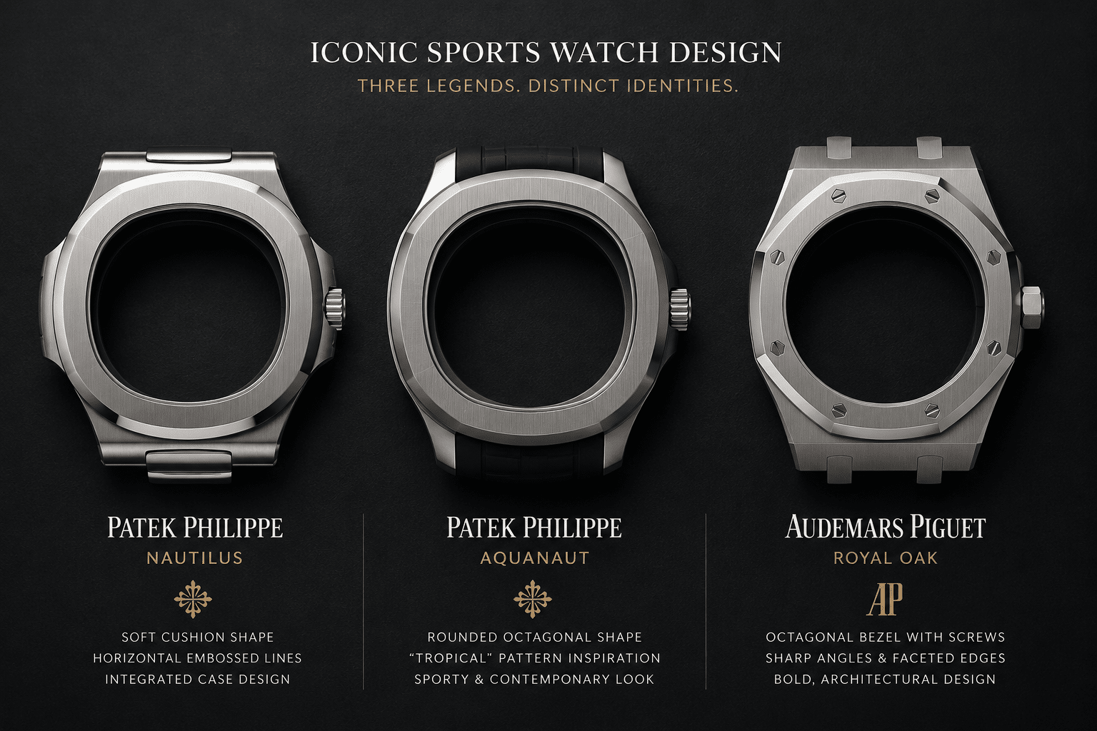 side-by-side layout of Patek Philippe Nautilus-style, Aquanaut-style, and Audemars Piguet Royal Oak-style super clone watch case silhouettes