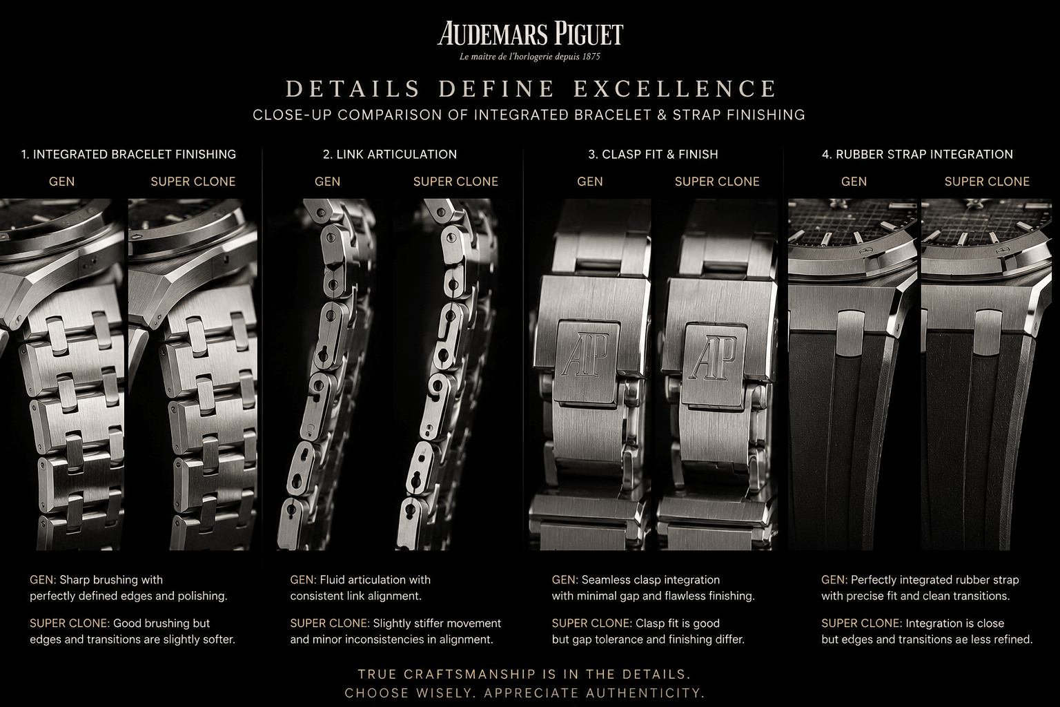 close-up comparison of integrated bracelet finishing, link articulation, clasp fit, and rubber strap integration on luxury sports watch super clones