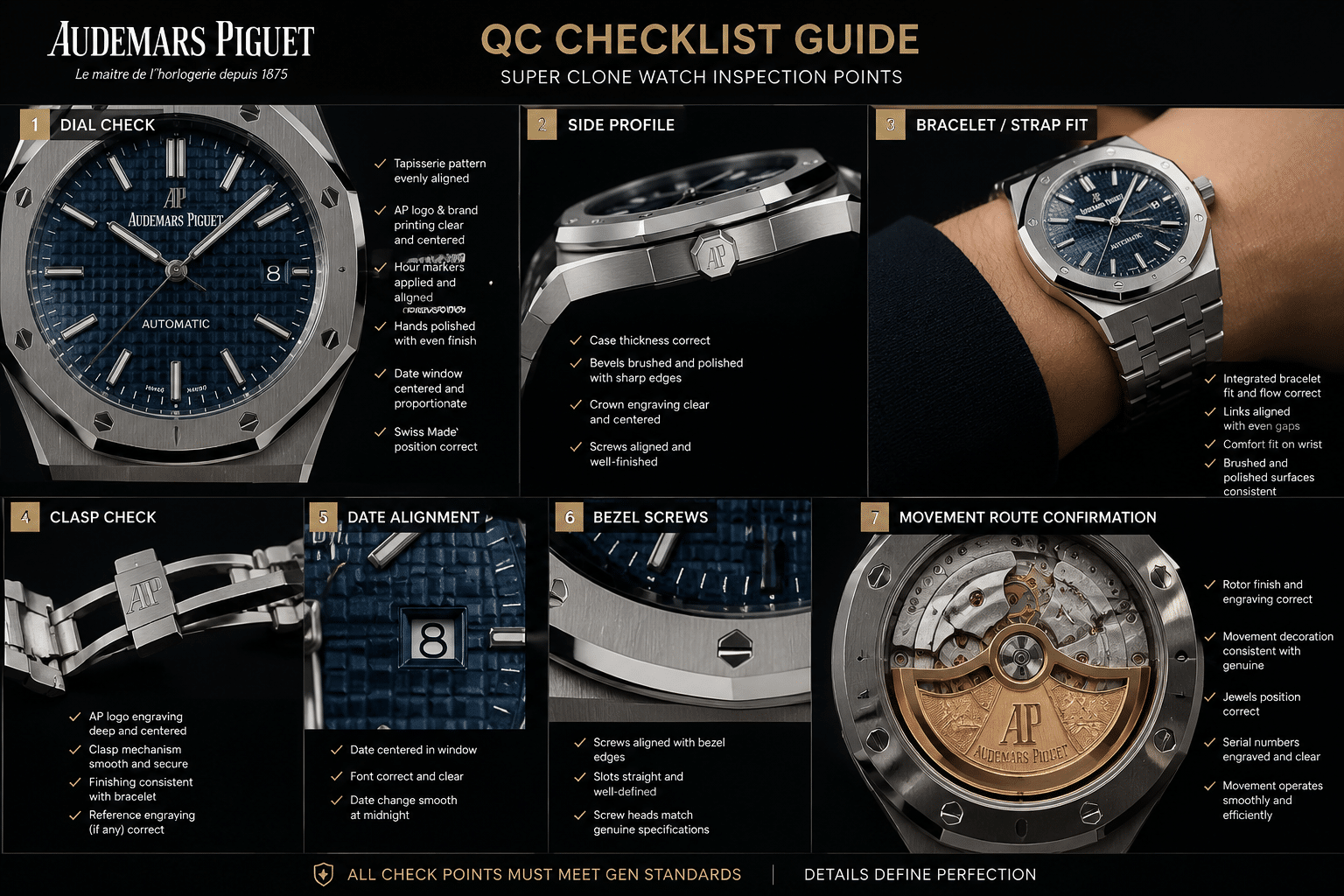 QC photo layout showing dial, side profile, bracelet or strap fit, clasp, date alignment, bezel screws, and movement-route confirmation points on super clone watches