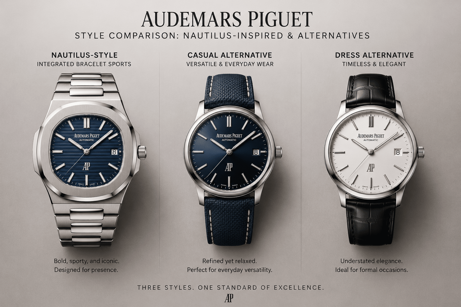 side-by-side style comparison showing a Nautilus-style integrated bracelet sports replica next to casual and dress-watch alternatives under neutral lighting