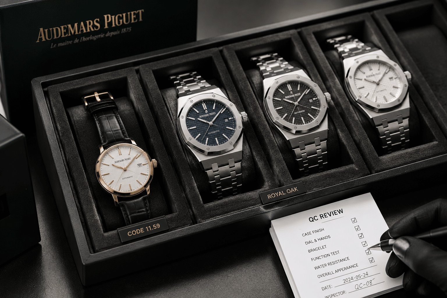 protective packaging tray showing a slim dress-style replica watch with leather strap beside sportier Patek-style replica watches prepared for warehouse QC review