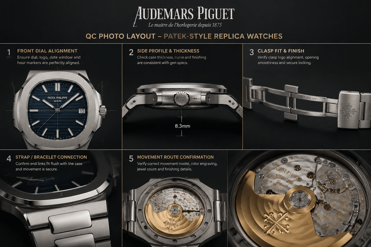 QC photo layout for Patek-style replica watches showing front dial alignment, side profile thickness, clasp fit, strap or bracelet connection, and movement-route confirmation