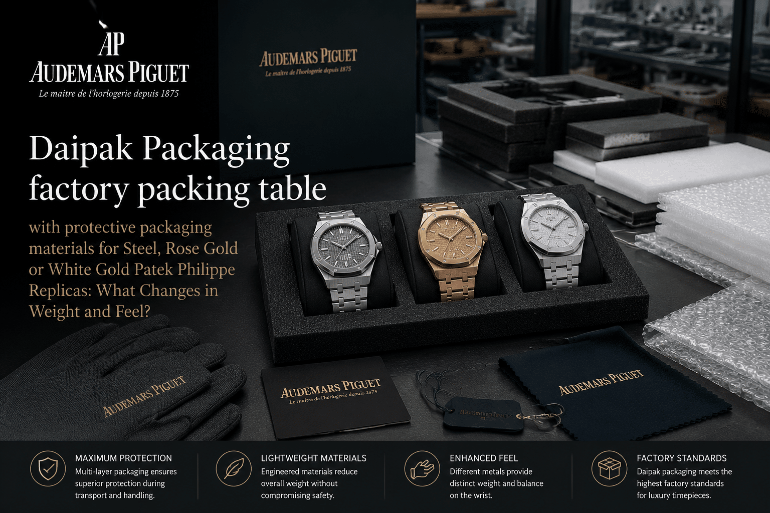 Daipak Packaging factory packing table with protective packaging materials for Steel, Rose Gold or White Gold Patek Philippe Replicas: What Changes in Weight and Feel?