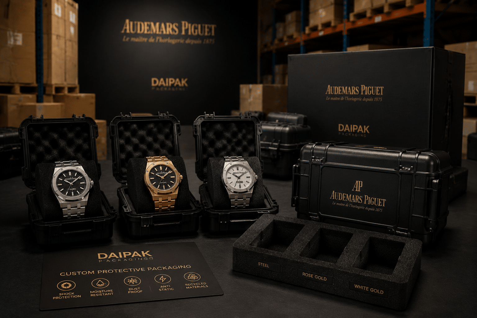 Daipak Packaging warehouse scene showing custom protective packaging prepared for Steel, Rose Gold or White Gold Patek Philippe Replicas: What Changes in Weight and Feel?