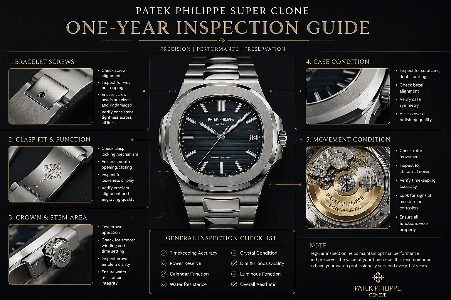 one-year inspection layout for a Patek Philippe super clone showing bracelet screws, clasp fit, crown area, case scratches, and movement condition points
