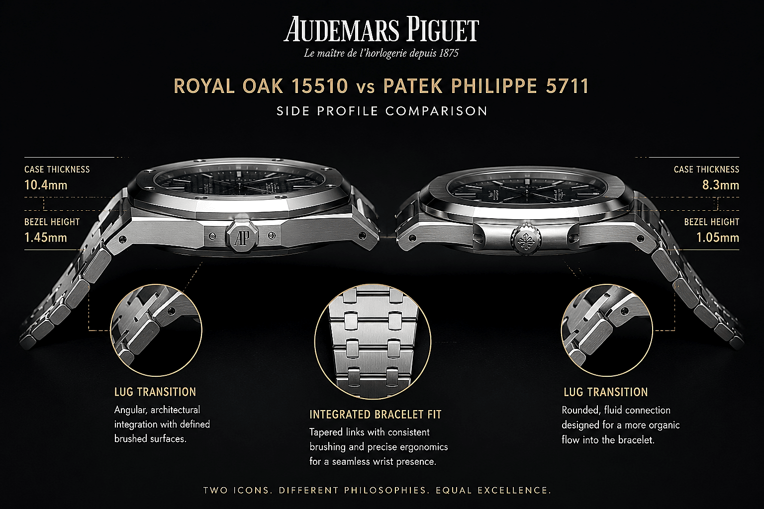 side profile comparison showing case thickness, bezel height, lug transition, and integrated bracelet fit on a Patek Philippe style super clone watch