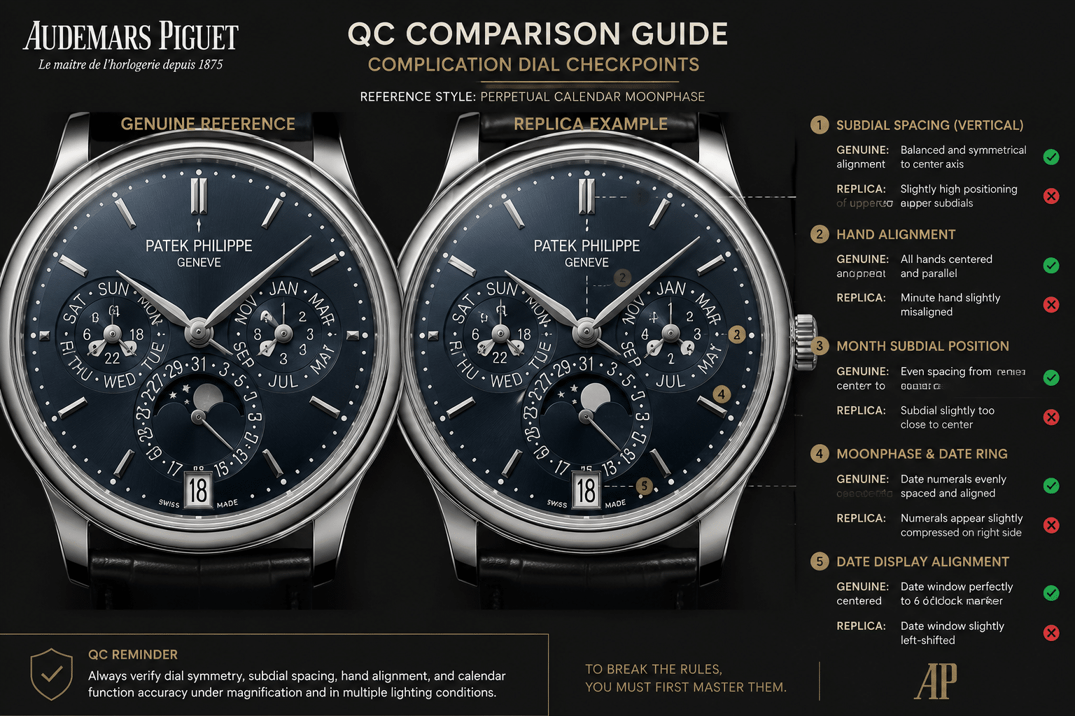 front dial QC comparison of a complicated Patek Philippe style replica showing moonphase, subdial spacing, hand alignment, and date display checkpoints