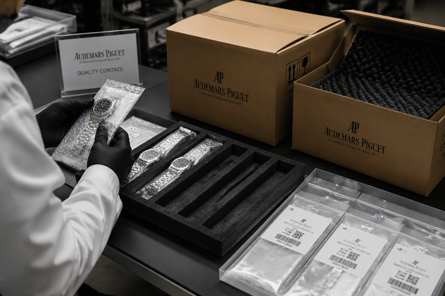 realistic B2B packaging scene showing a watch QC station with protective foam trays, bubble wrap sleeves, labeled plastic bags, and corrugated shipping boxes prepared for factory packing