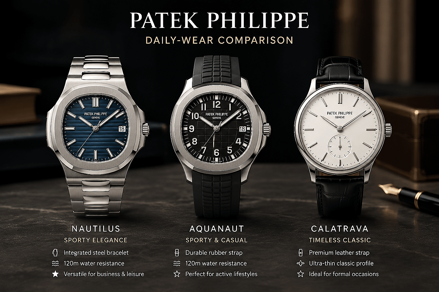 side-by-side daily-wear comparison of Patek Philippe super clone styles including Nautilus bracelet, Aquanaut rubber strap, and Calatrava leather strap