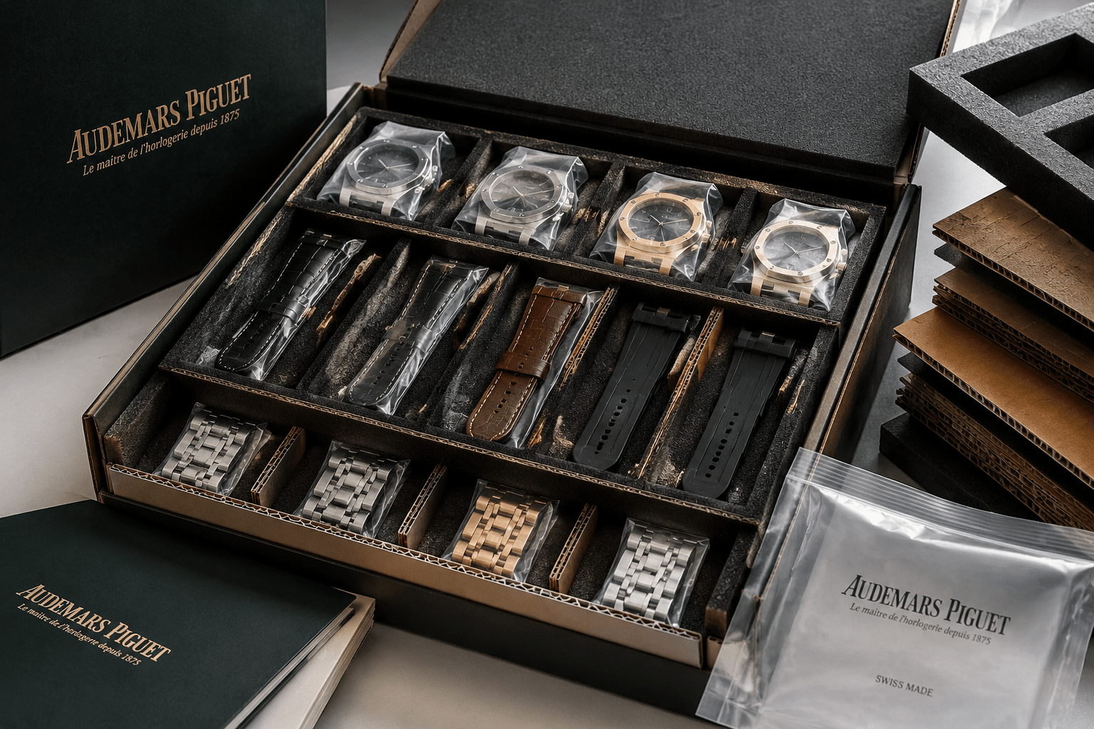 realistic B2B packaging scene showing protective foam, plastic film, and corrugated packing used to separate polished watch cases, leather straps, rubber straps, and bracelet samples