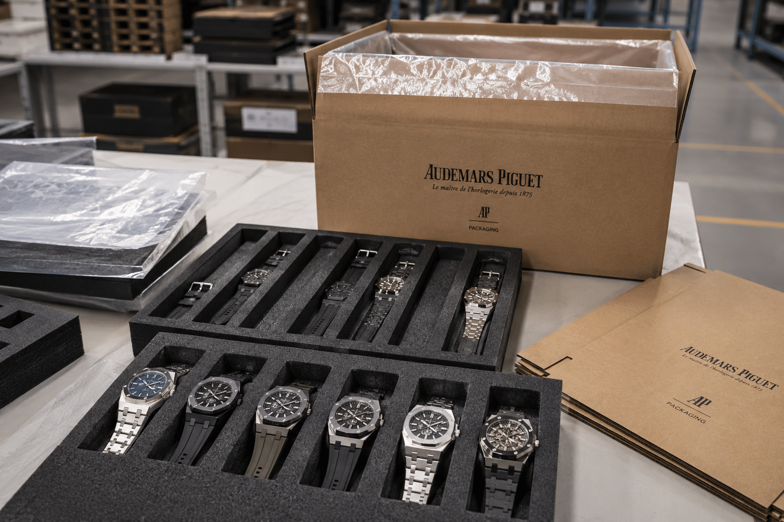 realistic B2B packaging scene showing protective foam trays, plastic film, and corrugated boxes prepared for packing bracelet and strap watches in a warehouse