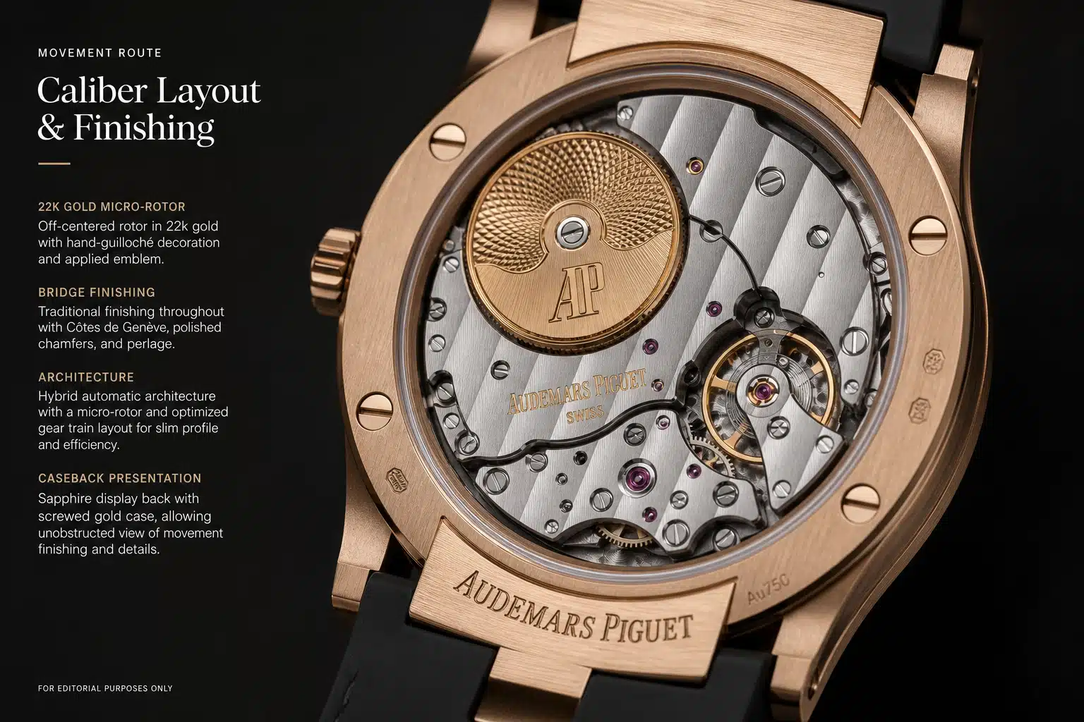 close-up view of a Patek Philippe super clone movement route showing rotor layout, bridge decoration, and caseback presentation without implying genuine brand authorization