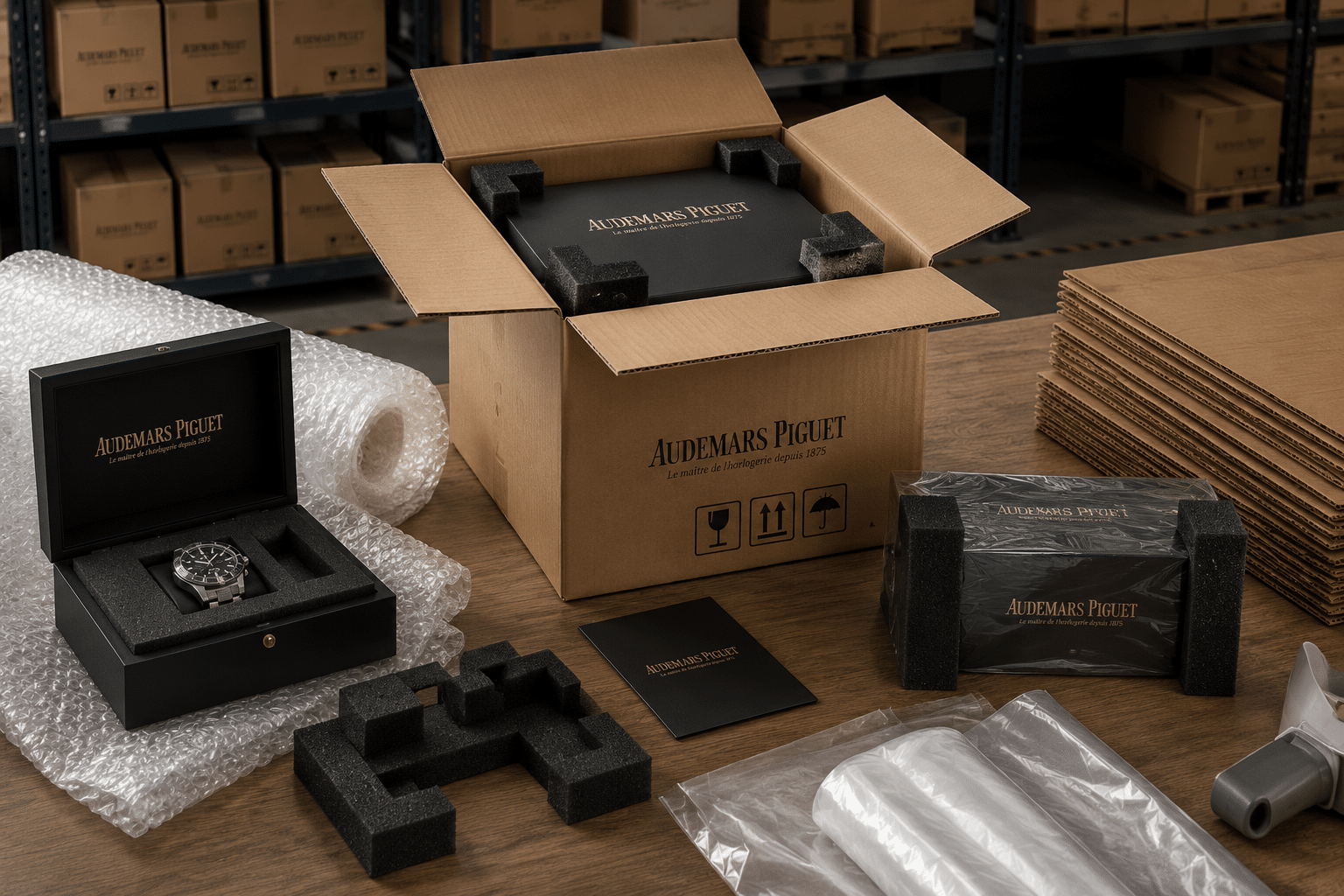 realistic B2B packaging scene showing protective foam inserts, bubble wrap, plastic film, and corrugated cartons prepared for shipping high-end replica watches in a warehouse packing area