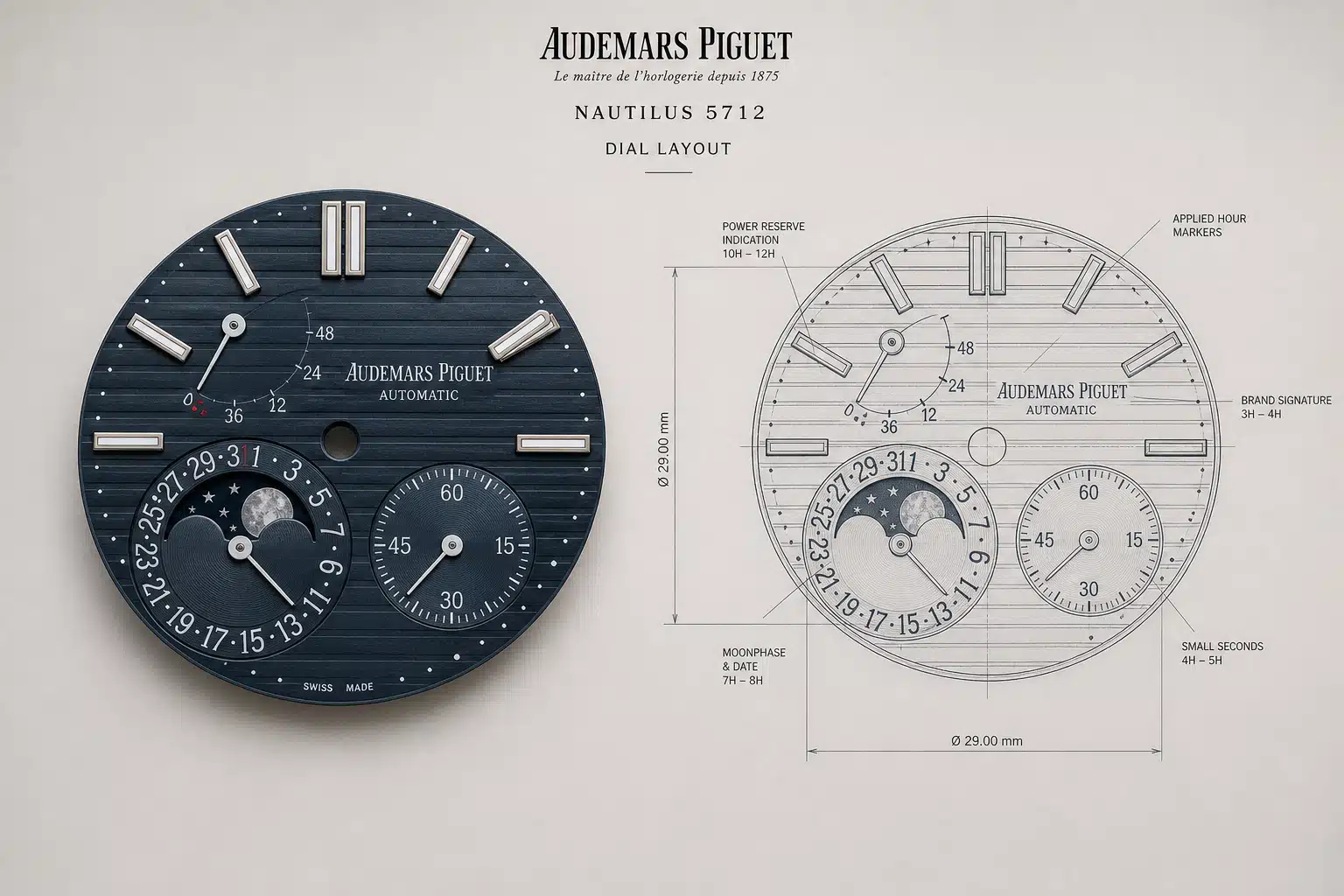 side-by-side replica watch planning image showing Nautilus 5712 dial layout with moonphase, power reserve, date, and small seconds positions under neutral lighting