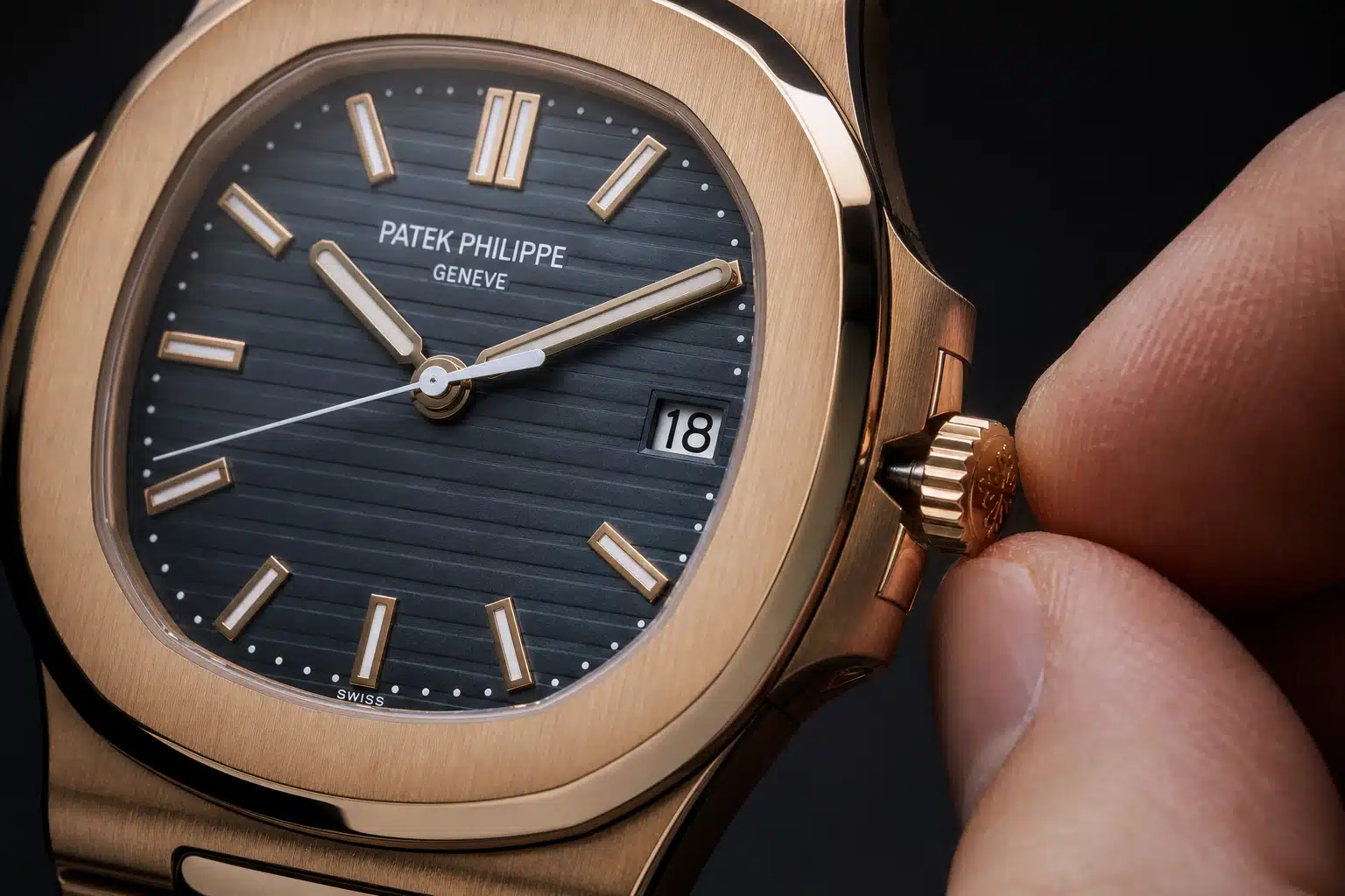 close-up of a Patek Philippe-style clone crown being pulled for time setting while the seconds hand position is visible