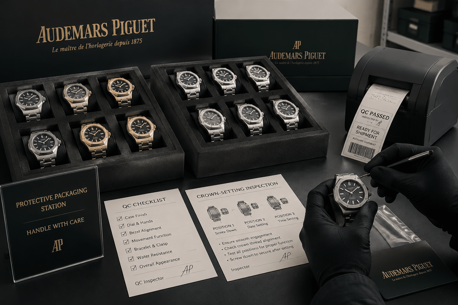protective packaging station with foam trays holding Patek-style replica watches, QC labels, and crown-setting inspection notes before shipment