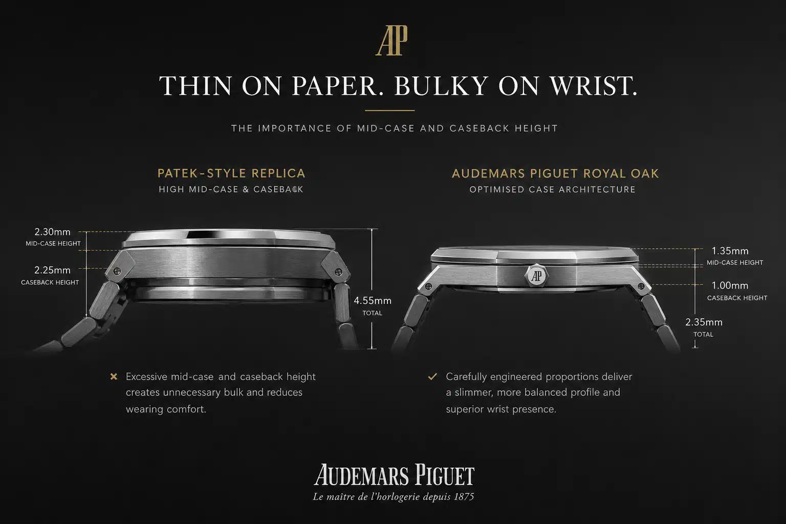 side-profile comparison concept showing how a thin Patek-style sports replica can look bulky when the mid-case and caseback are too tall