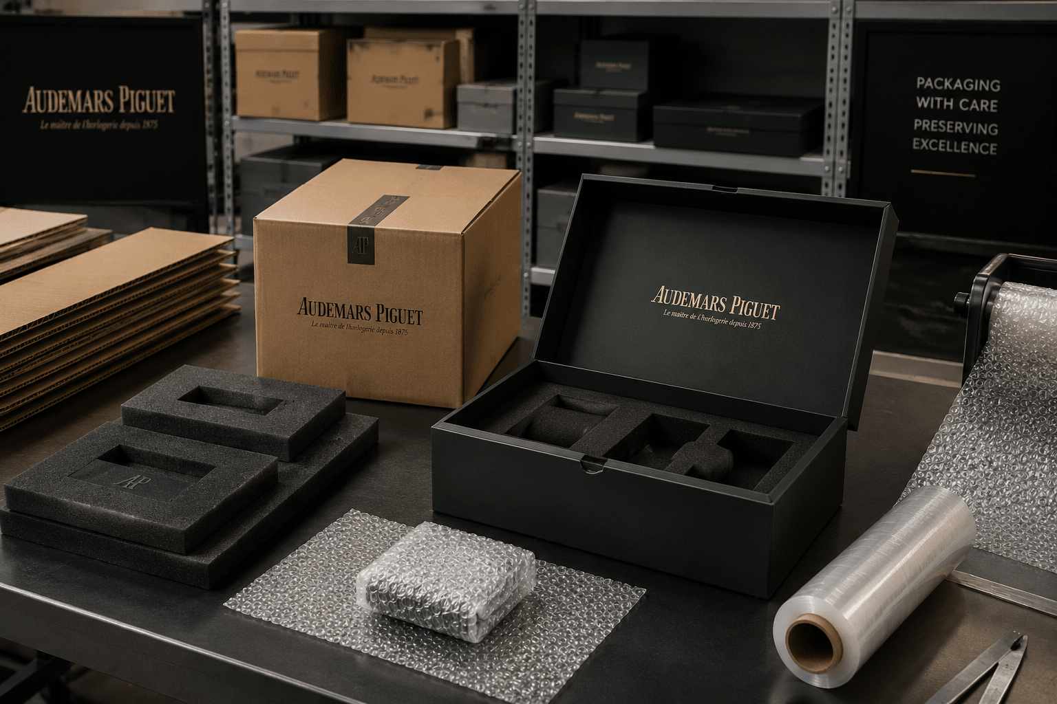 B2B warehouse packing station with protective foam inserts, bubble wrap, plastic film, and corrugated boxes prepared for safely packing watch accessories
