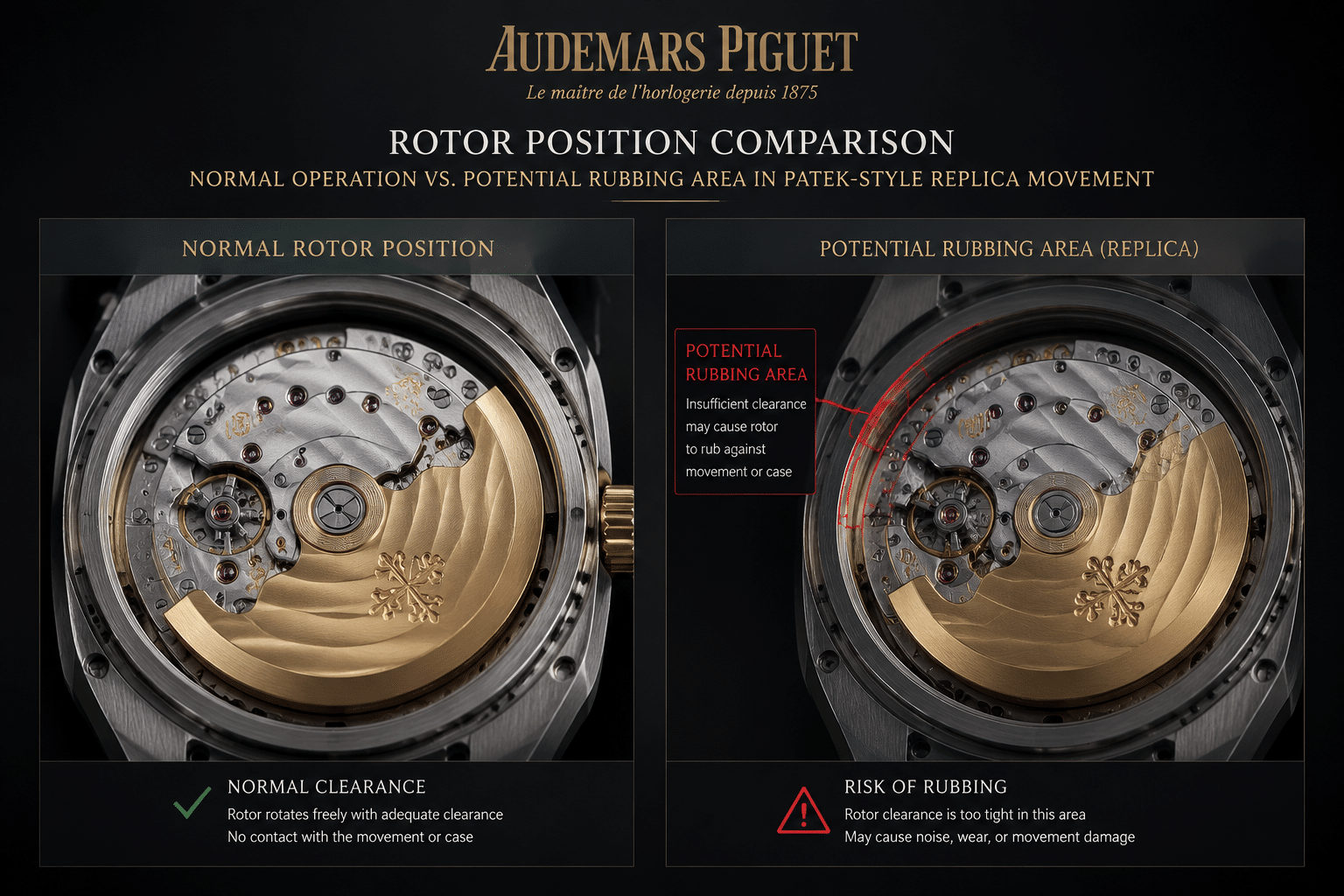 comparison layout showing normal rotor position versus possible rotor rubbing area inside a Patek-style replica movement
