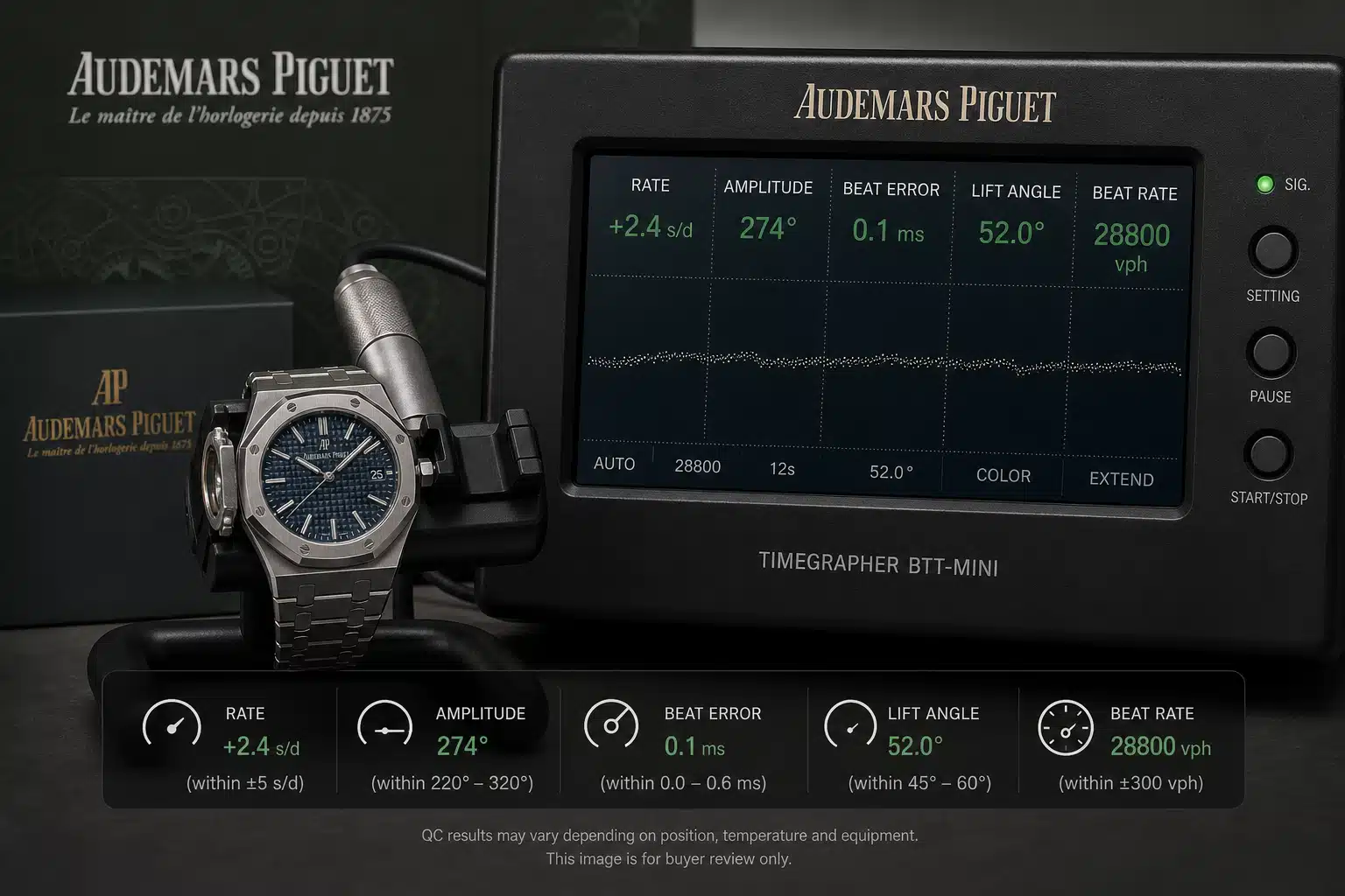 sample replica watch QC timegrapher screen showing rate, amplitude, beat error, lift angle, and beat rate labels for buyer review