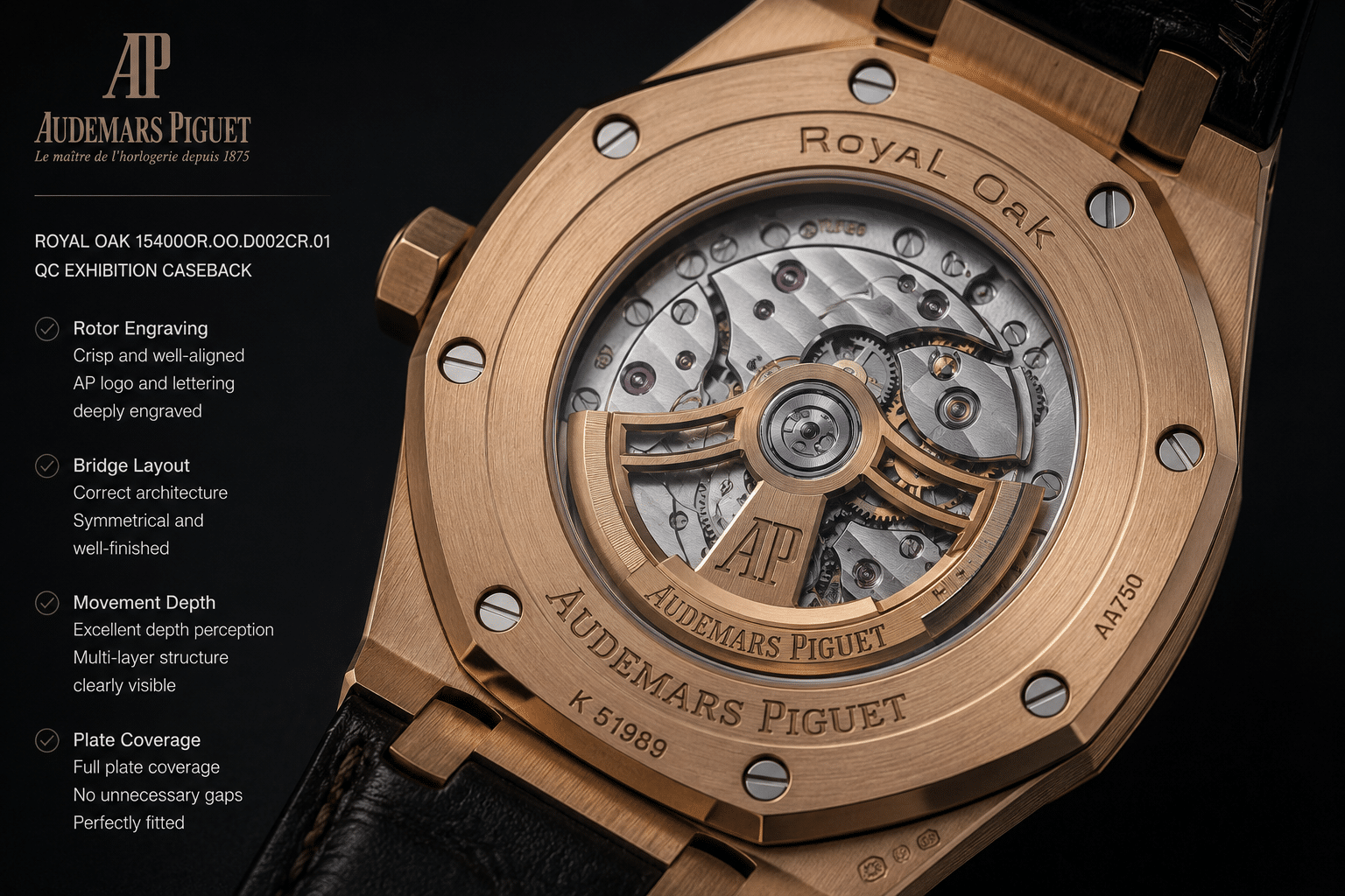 clear exhibition caseback QC photo showing rotor engraving, bridge layout, movement depth, and plate coverage on a Patek Philippe replica