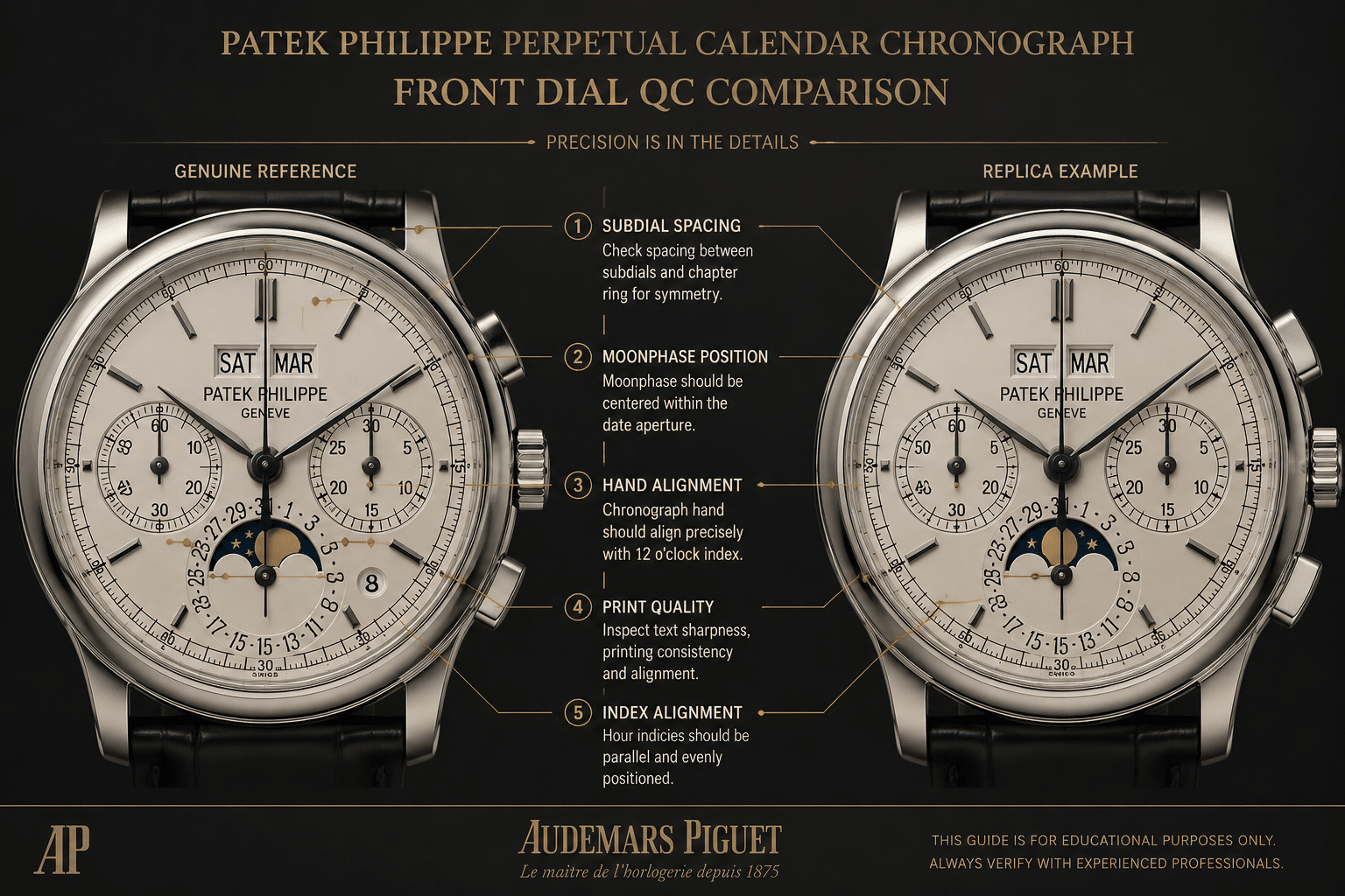 front dial QC comparison of a complicated Patek Philippe replica showing subdial spacing, moonphase position, and hand alignment checkpoints