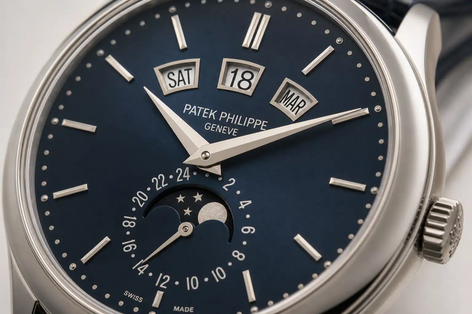close-up view of a Patek Philippe annual calendar-style replica dial showing day, date, month, and moonphase-like display areas under neutral lighting
