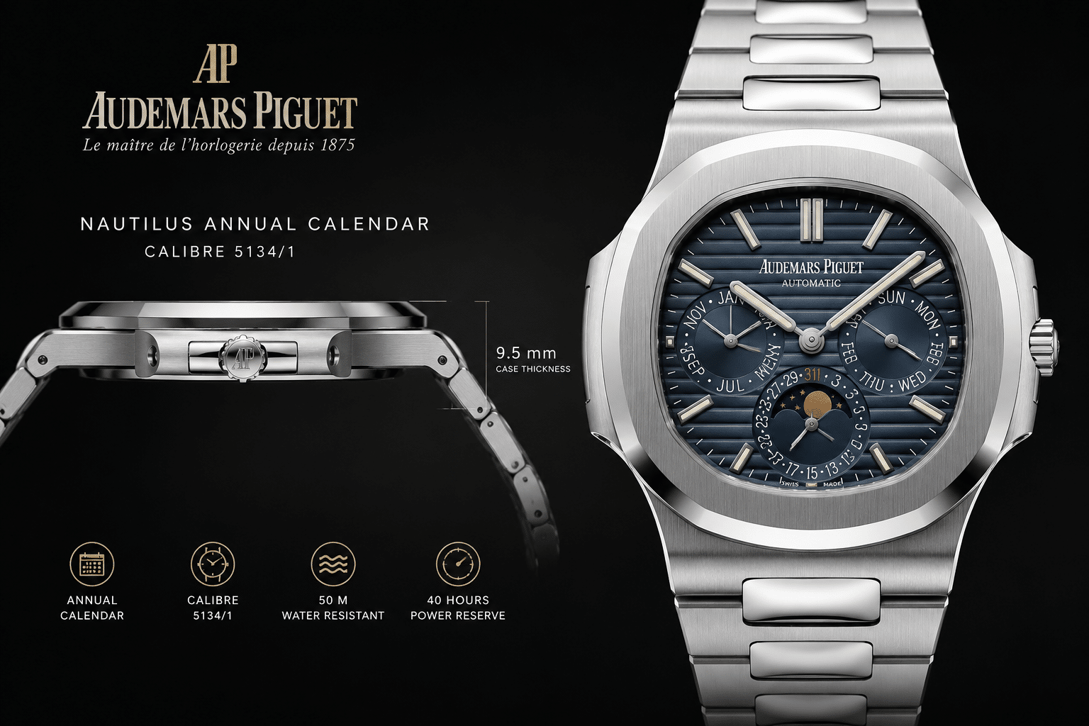 side profile and dial view of a Nautilus-style annual calendar replica showing case thickness, bracelet integration, and calendar display layout