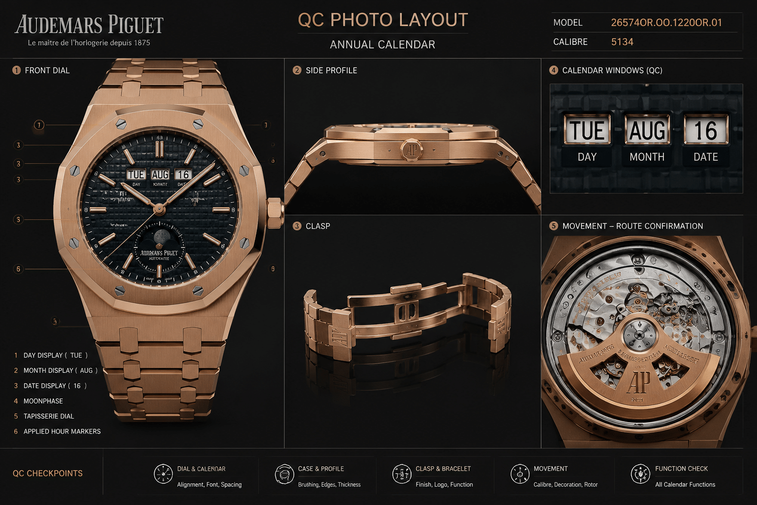 QC photo layout for an annual calendar-style Patek replica showing front dial, calendar windows, side profile, clasp, and movement-route confirmation areas