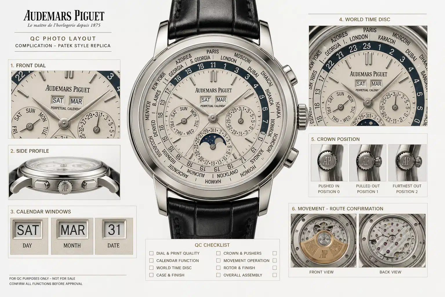 QC photo layout for a complicated Patek-style replica showing front dial, side profile, calendar windows, world time disc, crown position, and movement-route confirmation areas