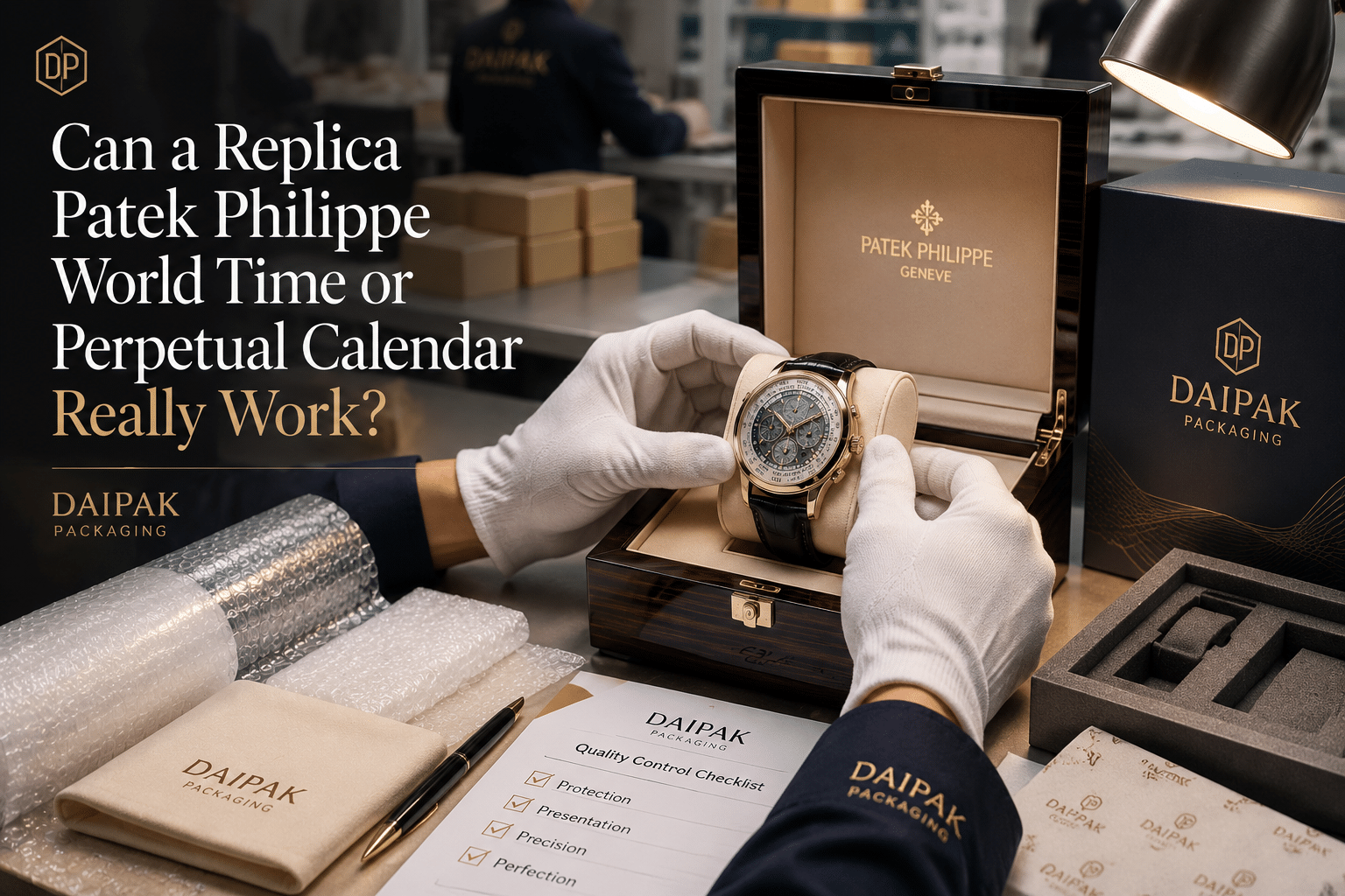 Daipak Packaging factory packing table with protective packaging materials for Can a Replica Patek Philippe World Time or Perpetual Calendar Really Work?