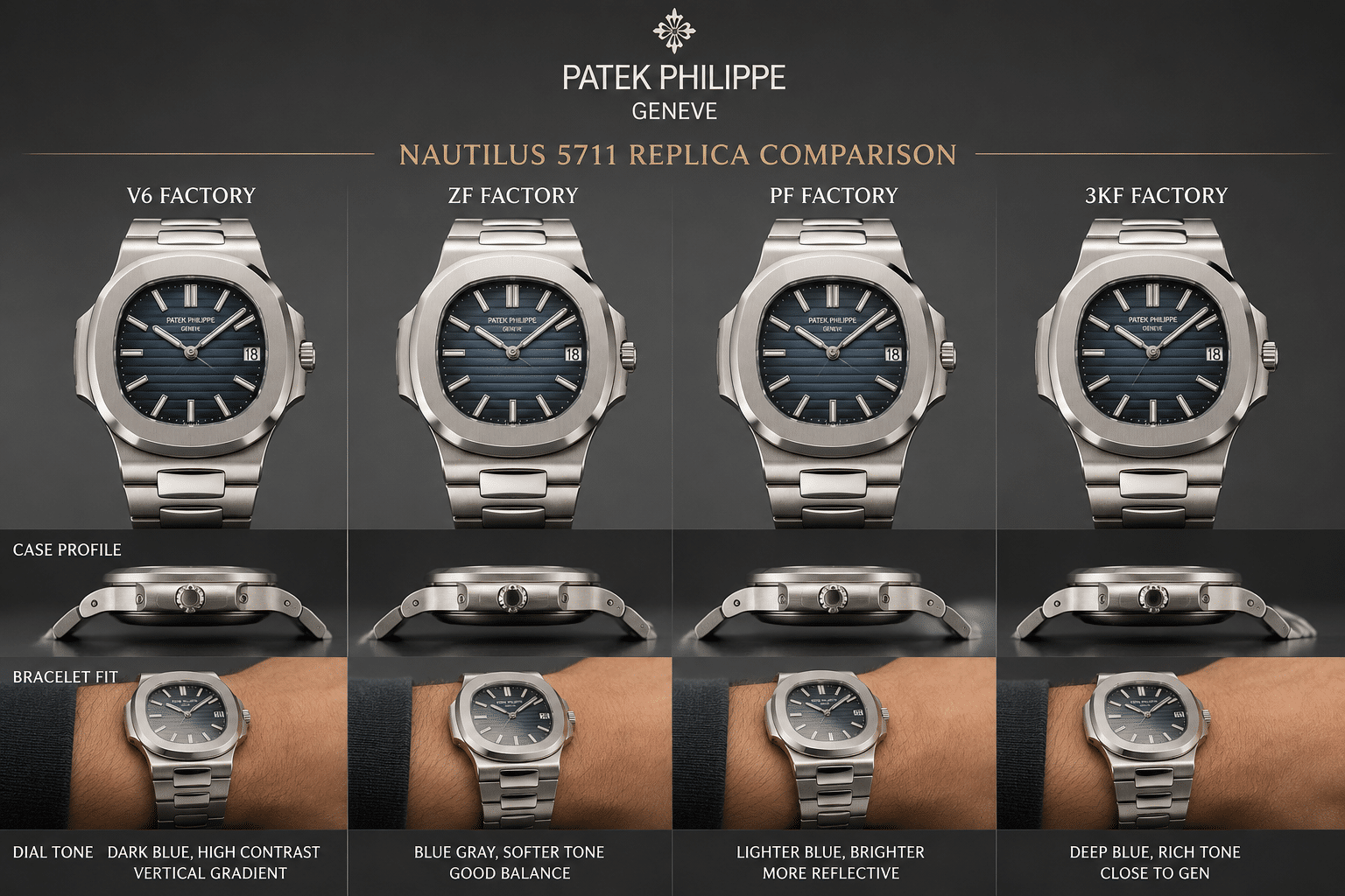 side-by-side visual comparison of four Nautilus 5711 replica versions showing case profile, bracelet fit, and dial tone under neutral lighting