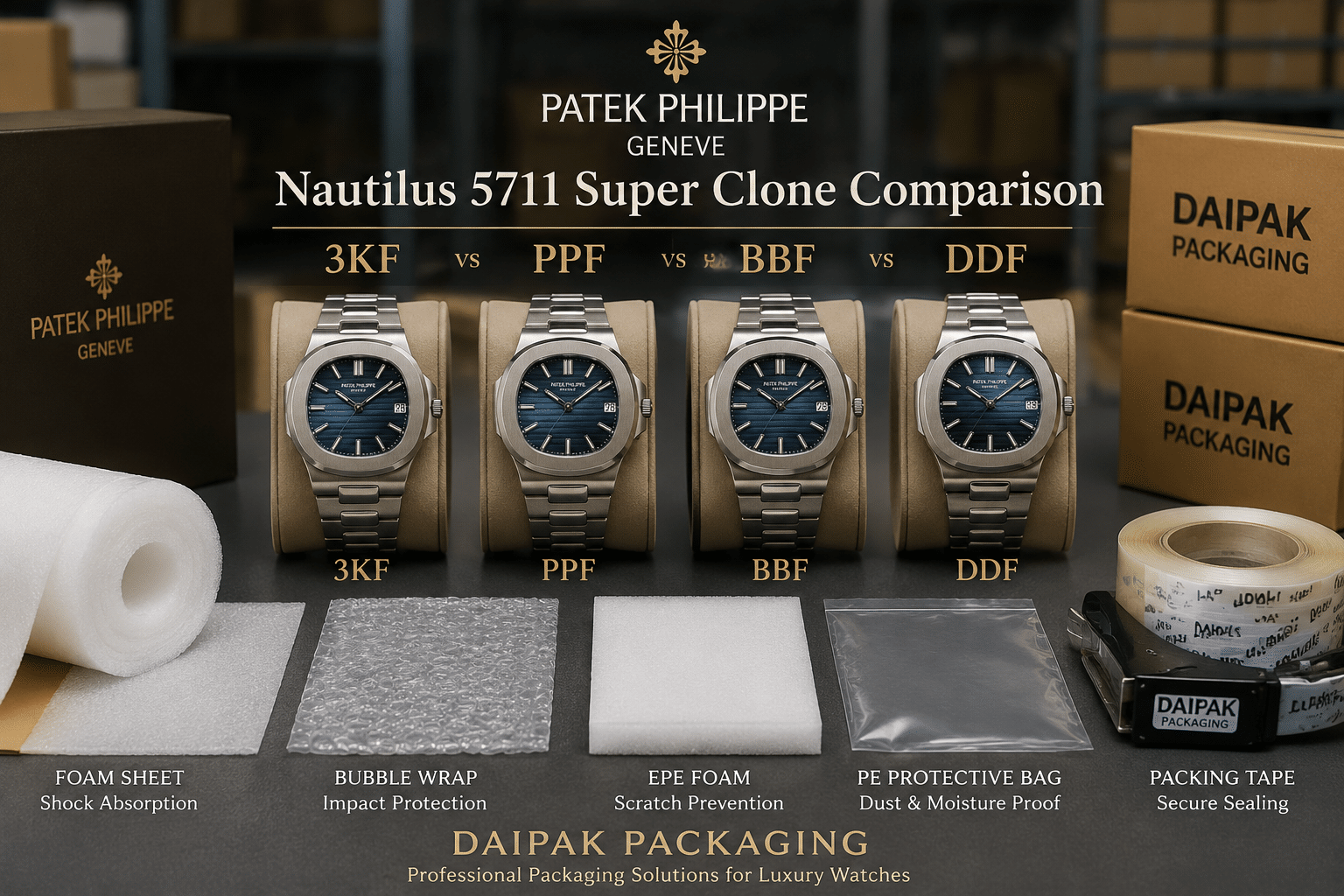 Daipak Packaging factory packing table with protective packaging materials for 3KF vs PPF vs BBF vs DDF Nautilus 5711 Super Clone Comparison