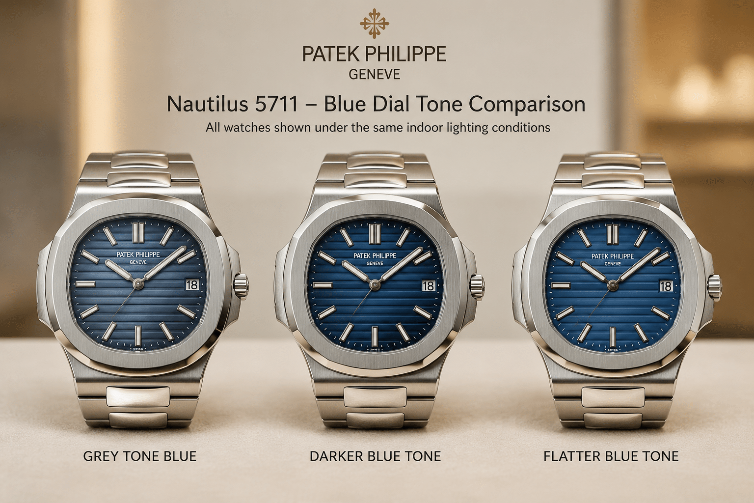 side-by-side comparison of Nautilus 5711 replica blue dials showing grey tone, darker blue tone, and flatter blue tone under the same indoor lighting