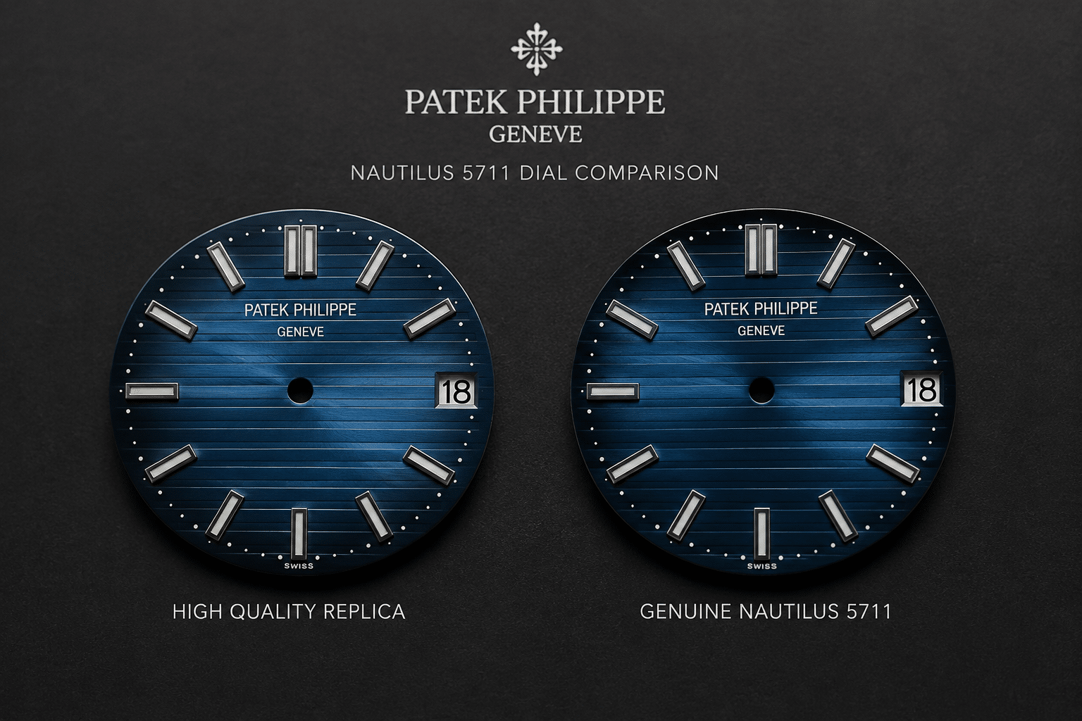 close-up comparison of Nautilus 5711 replica blue dials showing center brightness, edge darkness, and sunburst texture under neutral lighting