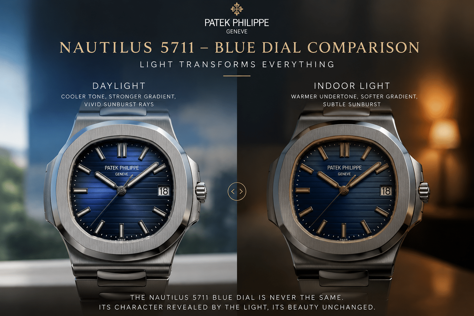 side-by-side blue dial comparison under daylight and indoor light showing how gradient, undertone, and sunburst change on the Nautilus 5711 replica