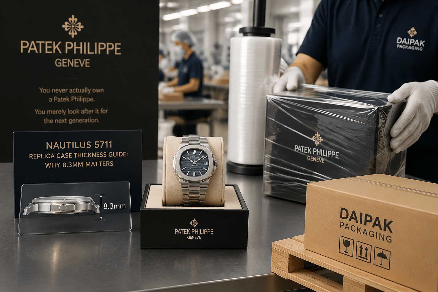 Daipak Packaging factory packing table with stretch film and pallet packing for Nautilus 5711 Replica Case Thickness Guide: Why 8.3mm Matters