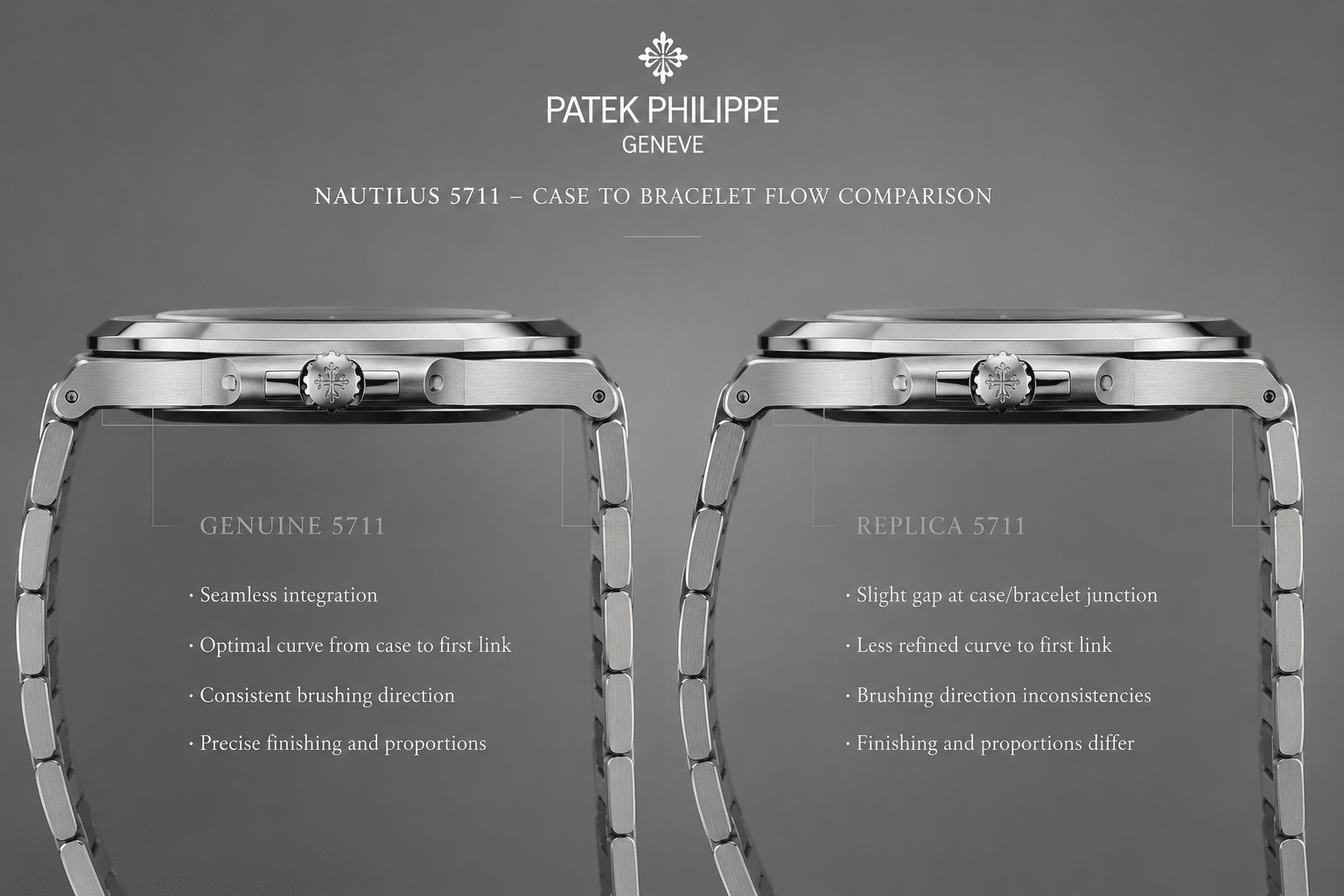 side profile comparison of Nautilus 5711 replica bracelet flow from case to first link under neutral lighting
