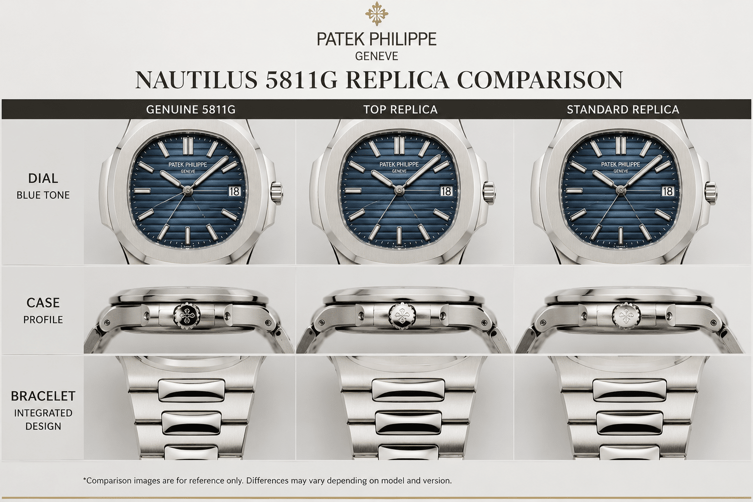 Patek Philippe Nautilus 5811G replica comparison showing blue dial tone, case profile, and integrated bracelet under neutral lighting