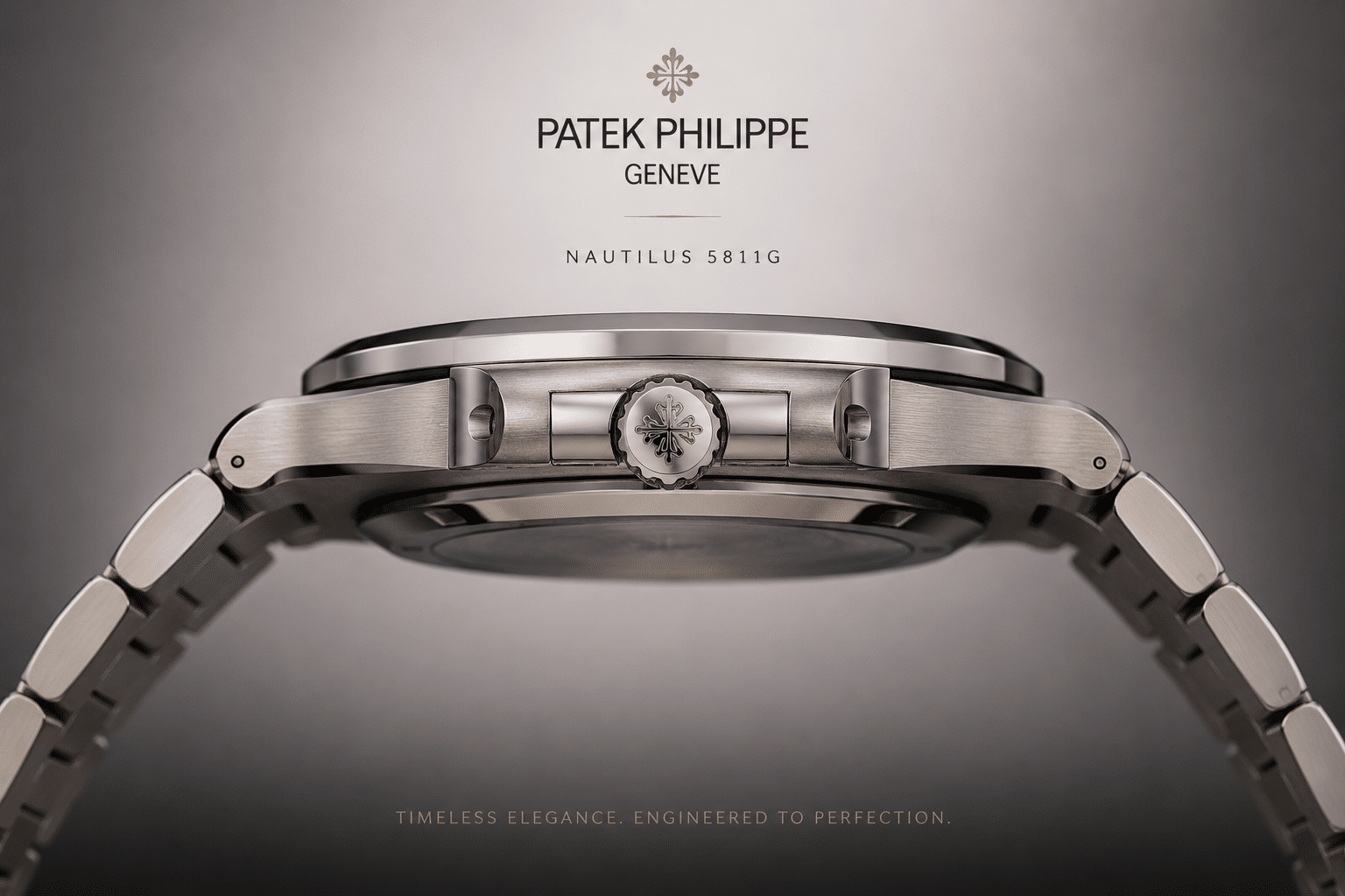 side profile view of Nautilus 5811G replica showing case thickness, bezel shape, caseback depth, and bracelet integration