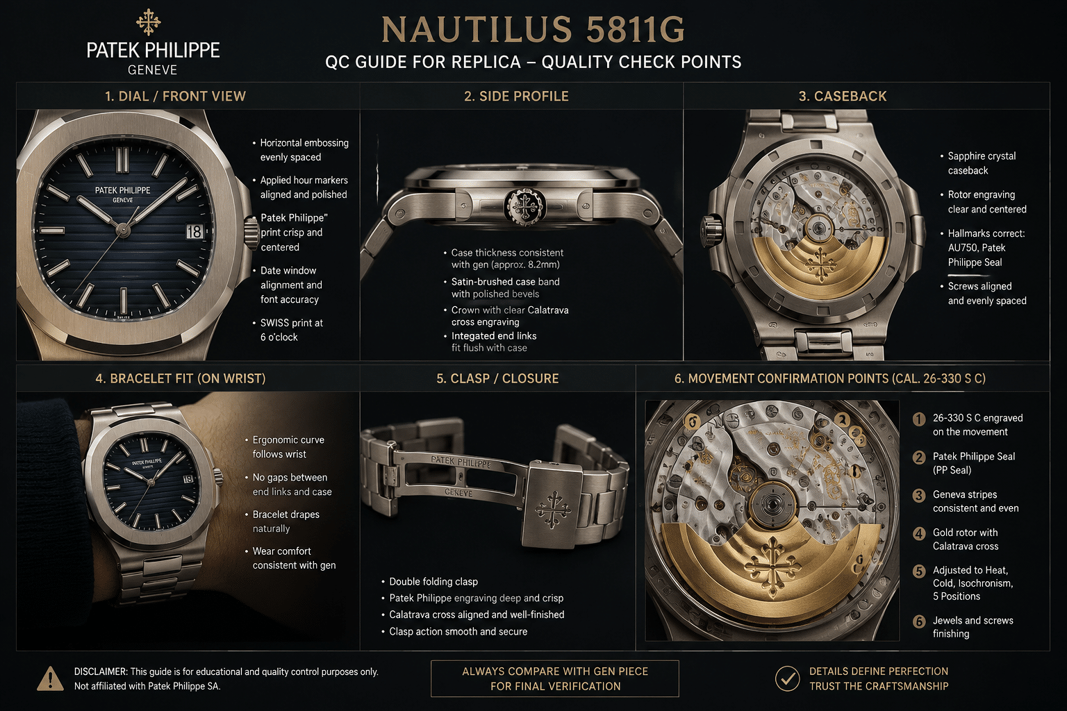 QC photo layout for Nautilus 5811G replica showing front dial, side profile, caseback, bracelet fit, clasp, and movement confirmation points