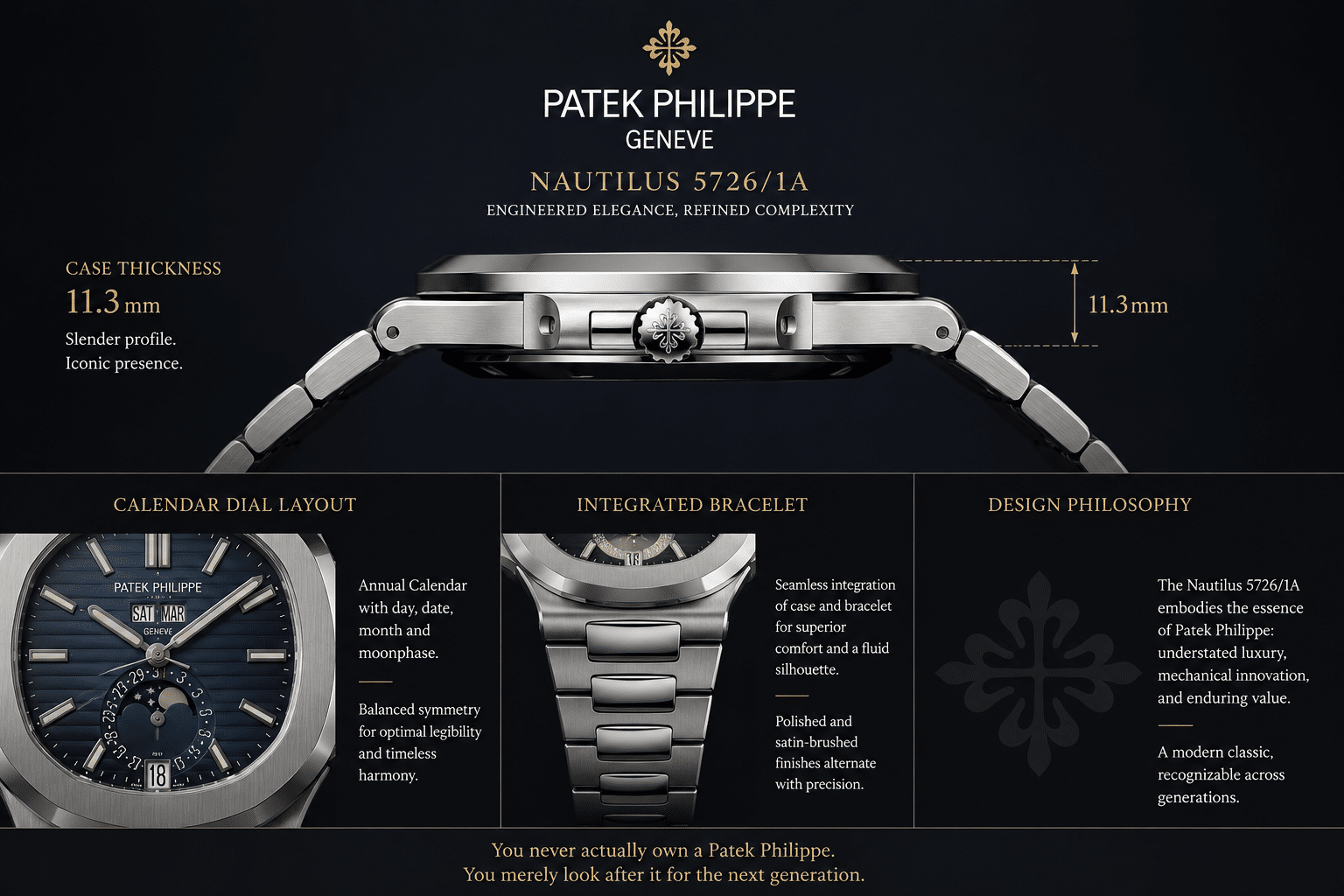 side profile comparison showing Nautilus-style case thickness, calendar dial layout, and bracelet integration on a 5726 replica